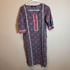 Libas Womens Blue Pink Floral Print Cotton Kurti Dress Bohemian Tunic L